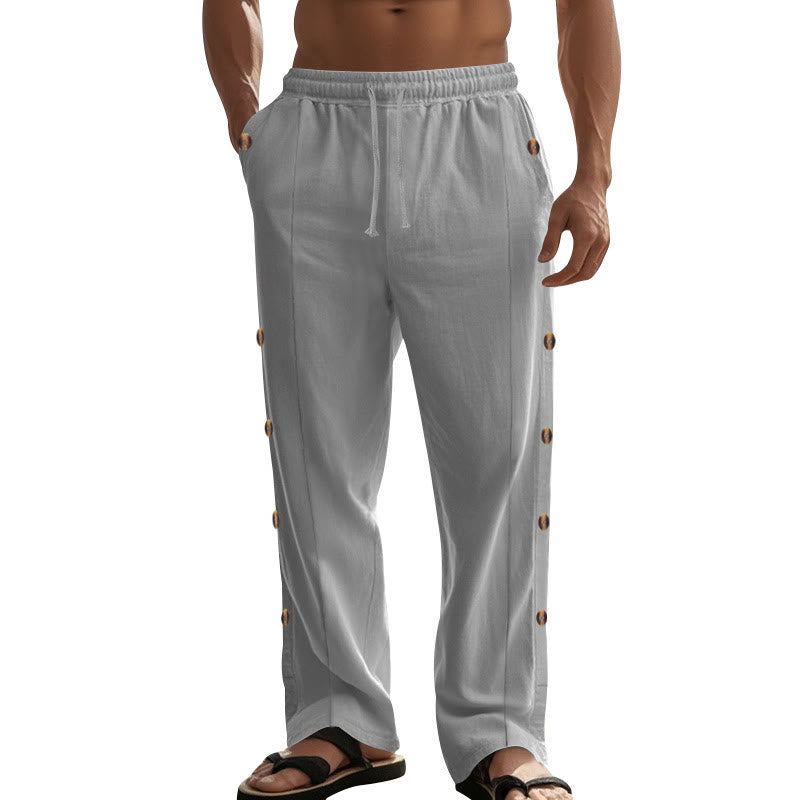 Buddha Stones Solid Color Side Buttons Men's Cotton Pants With Pockets - image 40