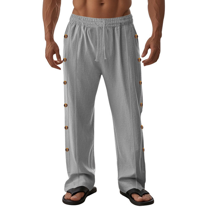Buddha Stones Solid Color Side Buttons Men's Cotton Pants With Pockets - image 41