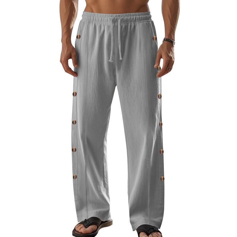 Buddha Stones Solid Color Side Buttons Men's Cotton Pants With Pockets - image 42