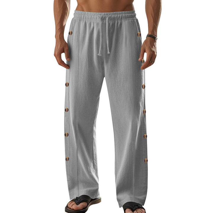 Buddha Stones Solid Color Side Buttons Men's Cotton Pants With Pockets - image 42