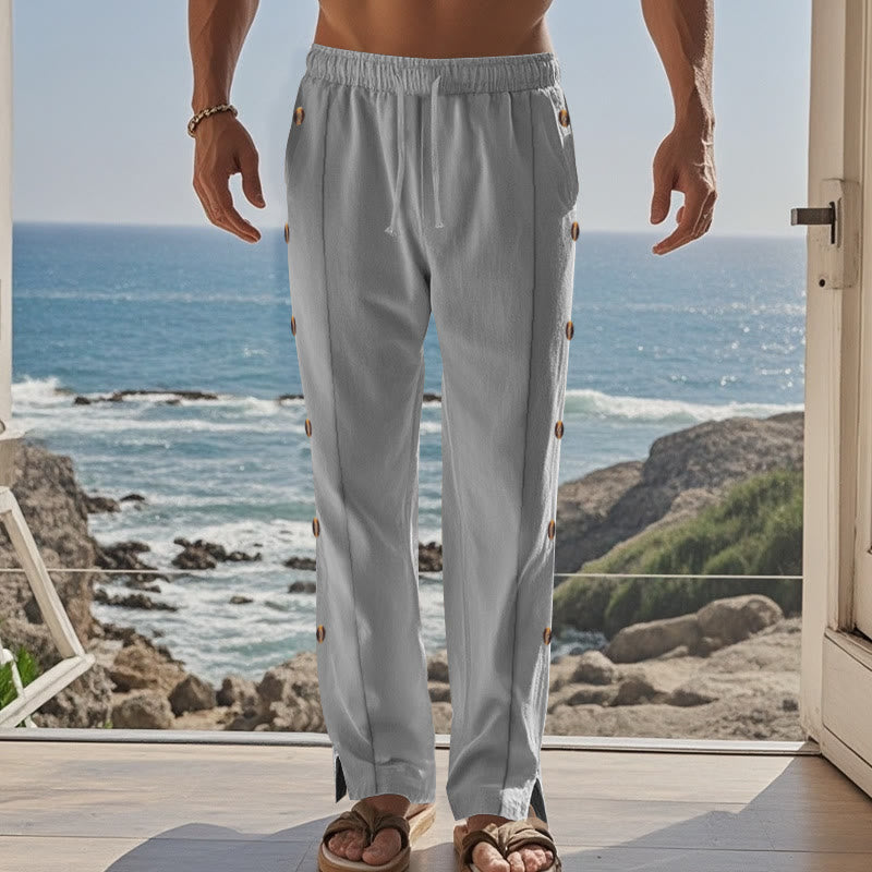 Buddha Stones Solid Color Side Buttons Men's Cotton Pants With Pockets - image 37