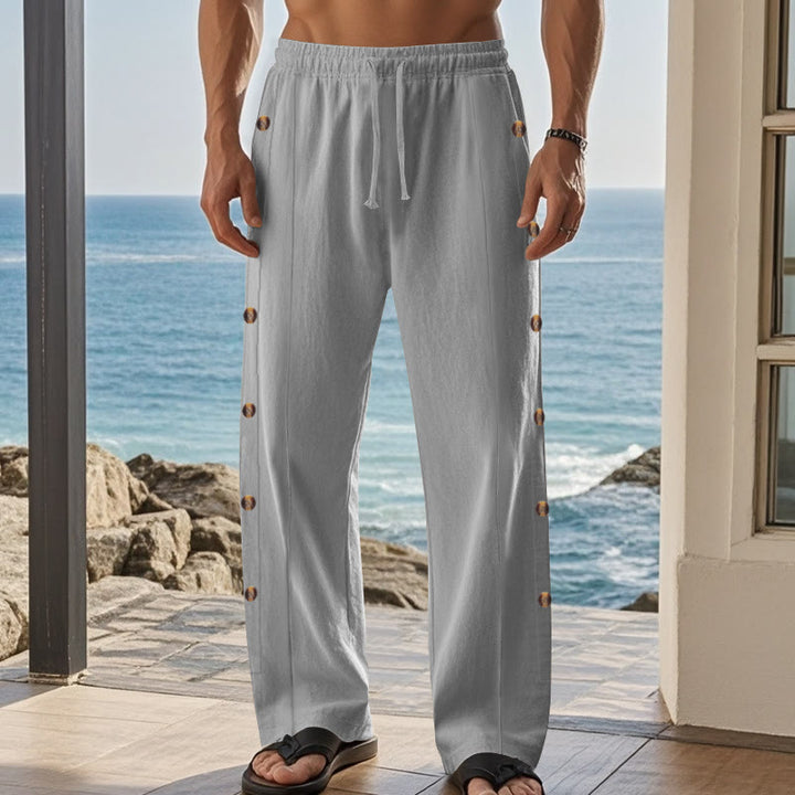 Buddha Stones Solid Color Side Buttons Men's Cotton Pants With Pockets - image 36