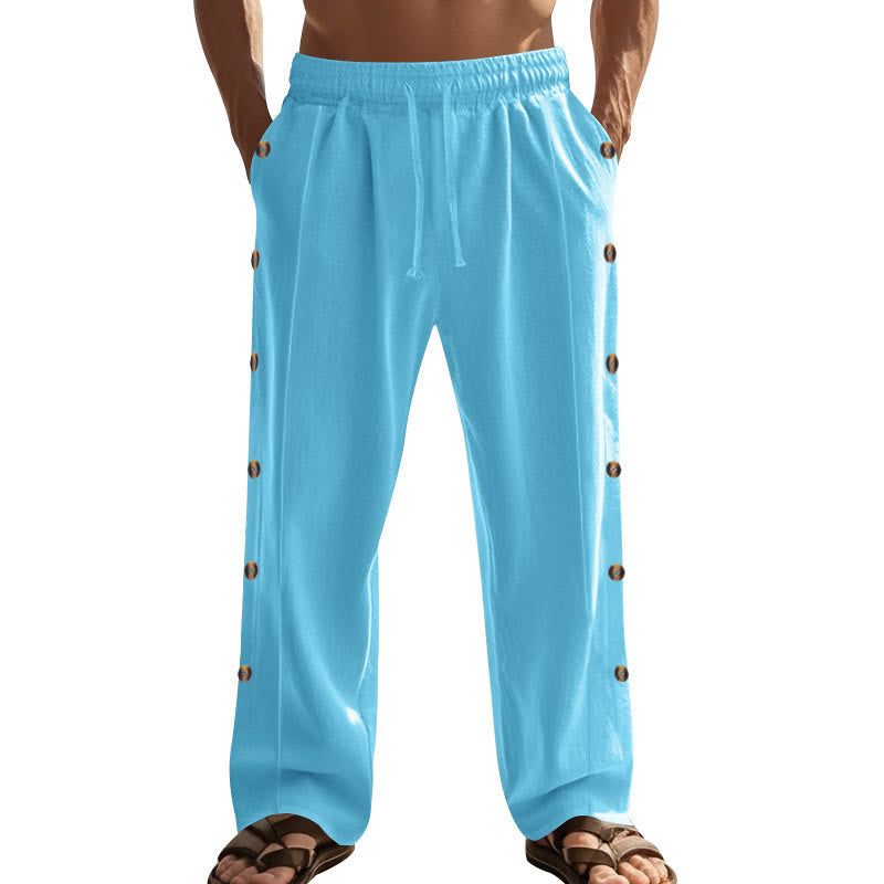 Buddha Stones Solid Color Side Buttons Men's Cotton Pants With Pockets - image 56