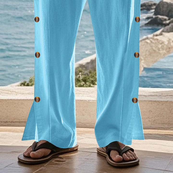 Buddha Stones Solid Color Side Buttons Men's Cotton Pants With Pockets - image 52
