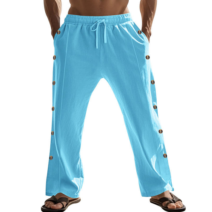 Buddha Stones Solid Color Side Buttons Men's Cotton Pants With Pockets - image 59