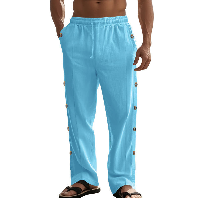 Buddha Stones Solid Color Side Buttons Men's Cotton Pants With Pockets - image 55
