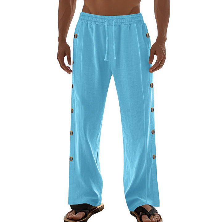 Buddha Stones Solid Color Side Buttons Men's Cotton Pants With Pockets - image 54