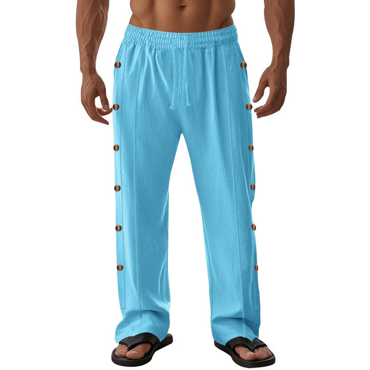 Buddha Stones Solid Color Side Buttons Men's Cotton Pants With Pockets - image 58