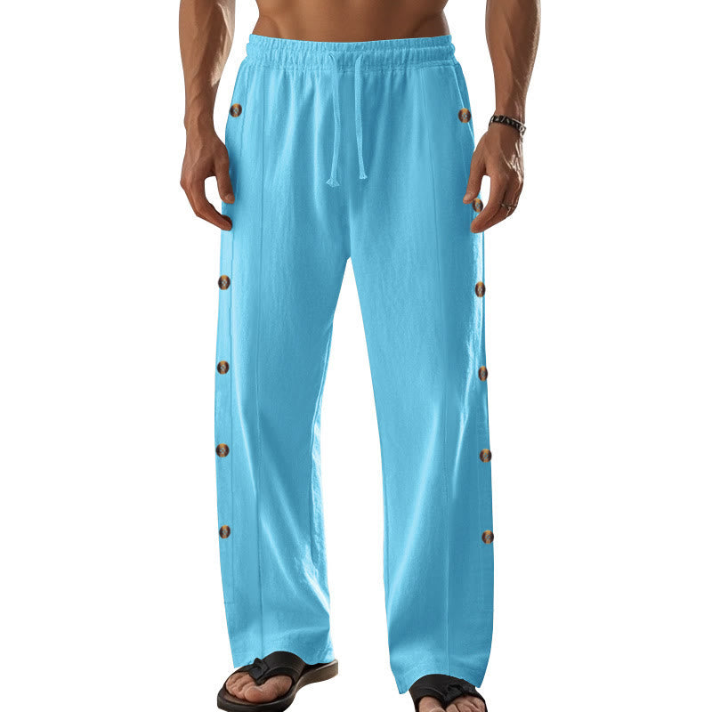 Buddha Stones Solid Color Side Buttons Men's Cotton Pants With Pockets - image 44