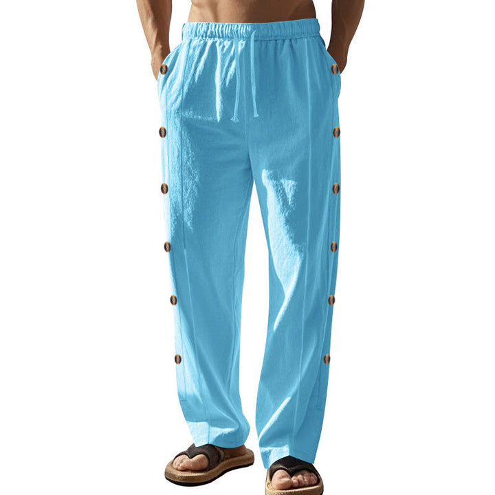 Buddha Stones Solid Color Side Buttons Men's Cotton Pants With Pockets - image 57