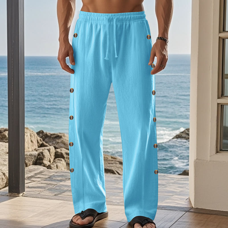 Buddha Stones Solid Color Side Buttons Men's Cotton Pants With Pockets - image 45