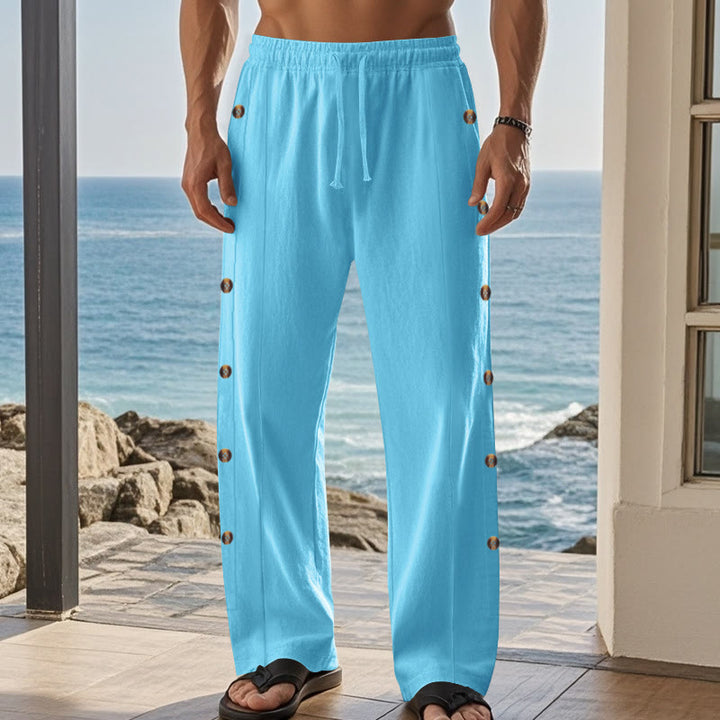 Buddha Stones Solid Color Side Buttons Men's Cotton Pants With Pockets - image 45