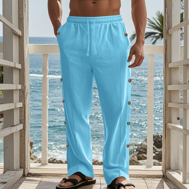 Buddha Stones Solid Color Side Buttons Men's Cotton Pants With Pockets - image 51