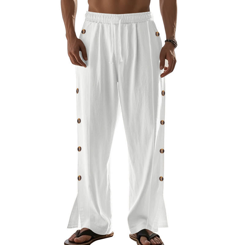 Buddha Stones Solid Color Side Buttons Men's Cotton Pants With Pockets - image 65