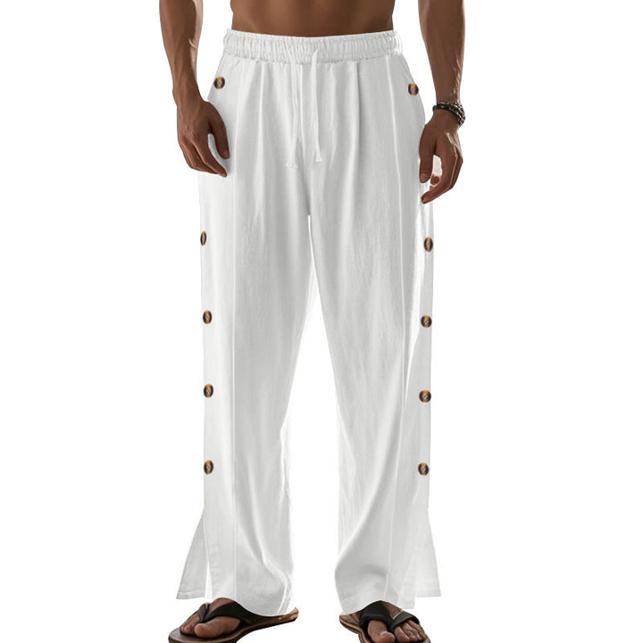 Buddha Stones Solid Color Side Buttons Men's Cotton Pants With Pockets - image 65