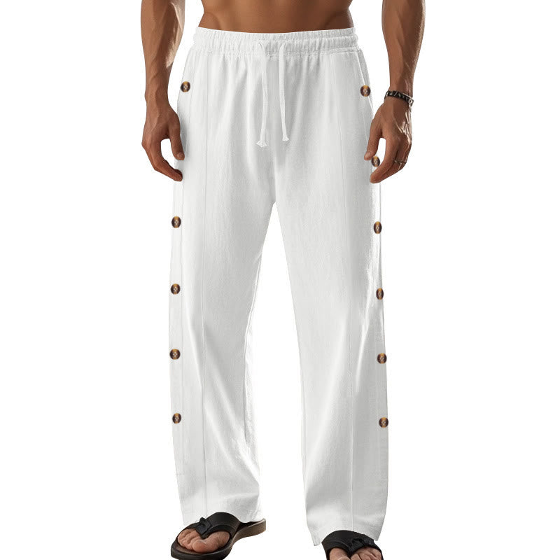 Buddha Stones Solid Color Side Buttons Men's Cotton Pants With Pockets - image 66