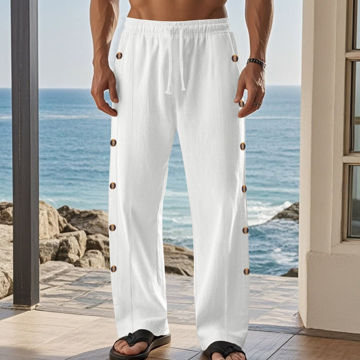 Buddha Stones Solid Color Side Buttons Men's Cotton Pants With Pockets - image 63