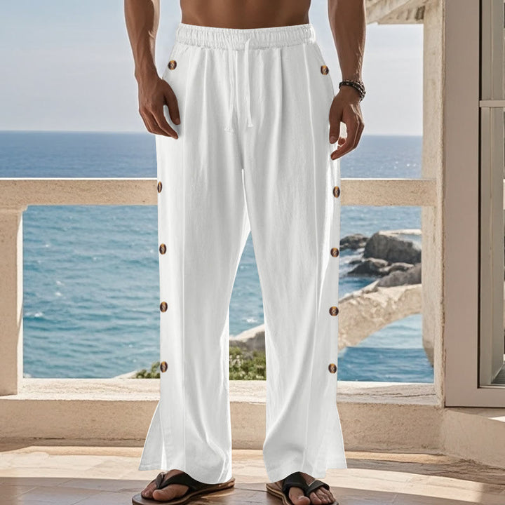 Buddha Stones Solid Color Side Buttons Men's Cotton Pants With Pockets - image 62