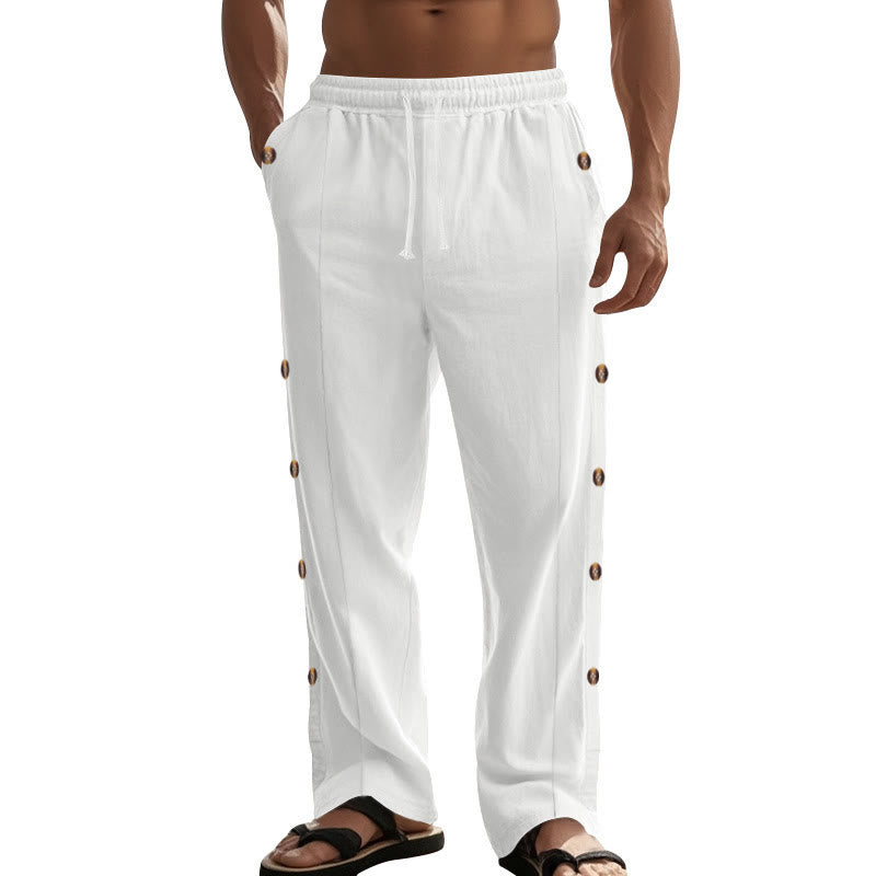 Buddha Stones Solid Color Side Buttons Men's Cotton Pants With Pockets - image 68