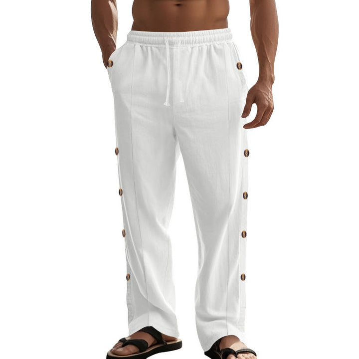 Buddha Stones Solid Color Side Buttons Men's Cotton Pants With Pockets - image 68