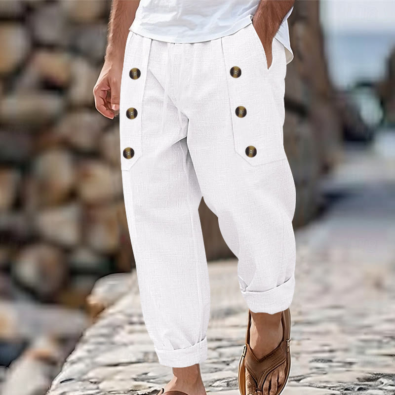 Buddha Stones Casual Plain Color Buttons Men's Cotton Pants With Pockets - White - US/UK/AU46，EU56 (3XL) - image 0