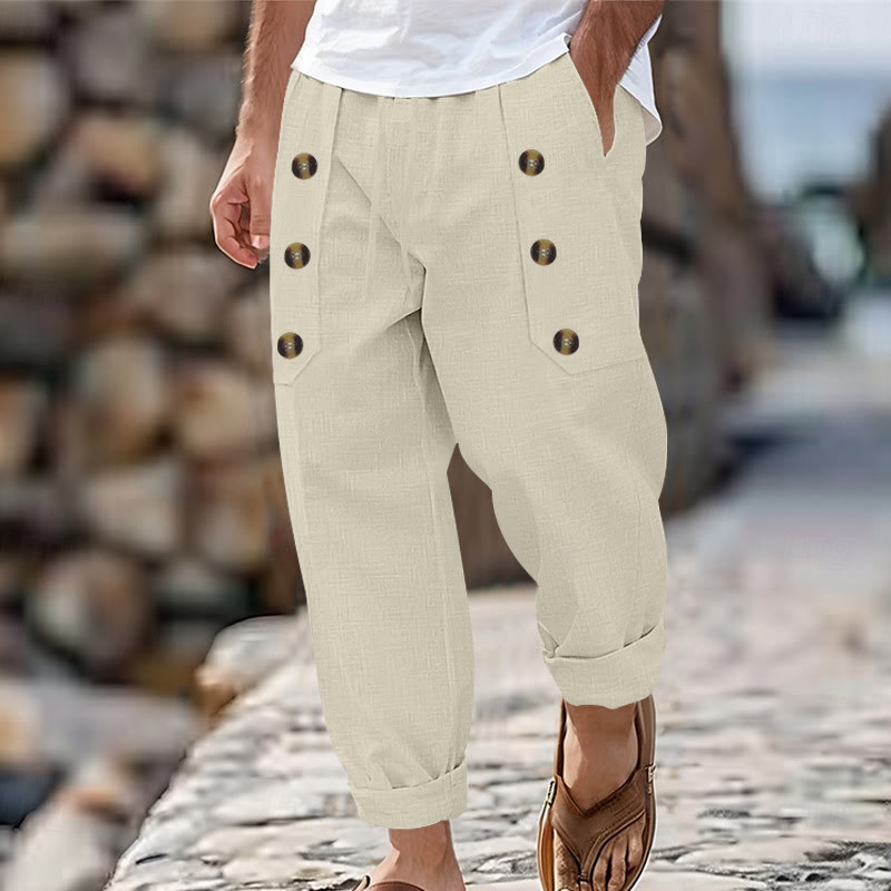 Buddha Stones Casual Plain Color Buttons Men's Cotton Pants With Pockets - Beige - US/UK/AU46，EU56 (3XL) - image 32