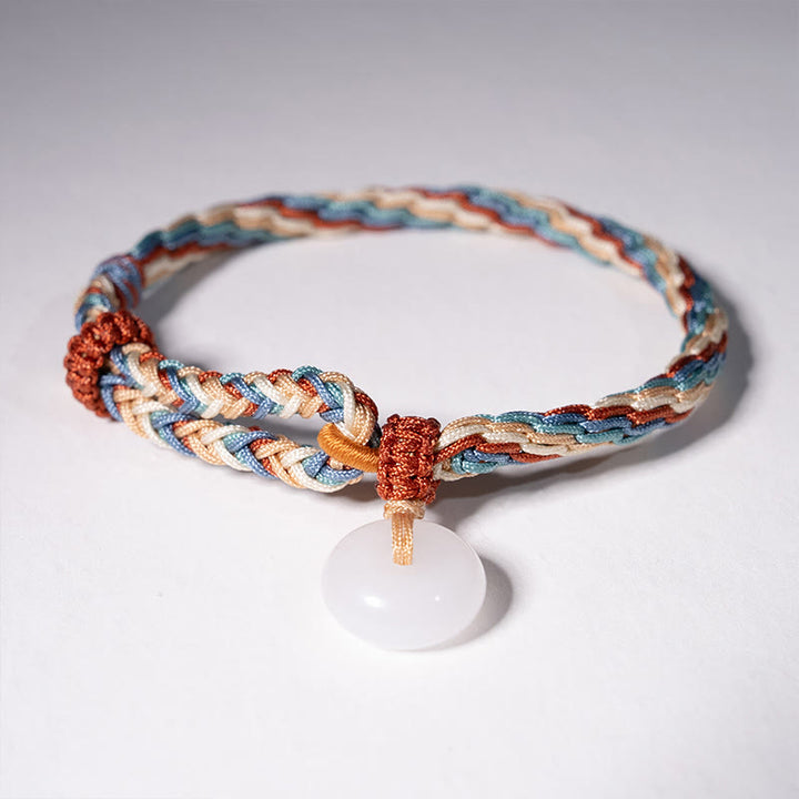 Buddha Stones Natural Hetian Jade Peace Buckle Protection Colored Rope Braided Bracelet - image 1
