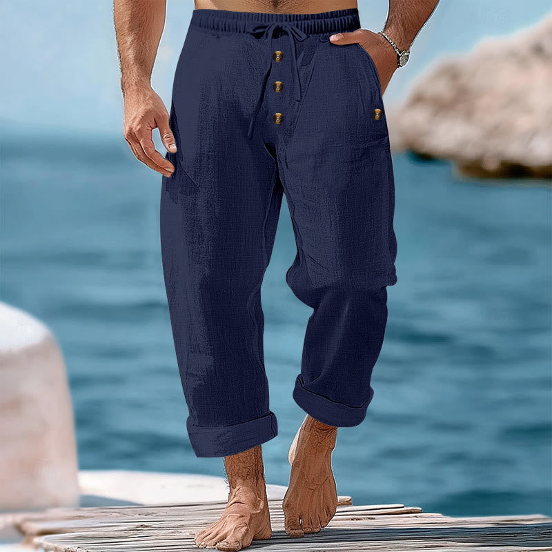 Buddha Stones Solid Color Buttons Drawstring Men's Cotton Pants With Pockets - SteelBlue - US/UK/AU46，EU56 (3XL) - image 0
