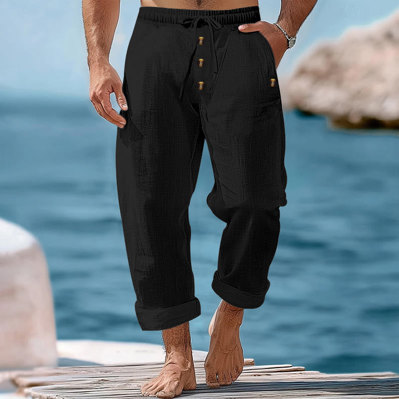 Buddha Stones Solid Color Buttons Drawstring Men's Cotton Pants With Pockets - Black - US/UK/AU46，EU56 (3XL) - image 14