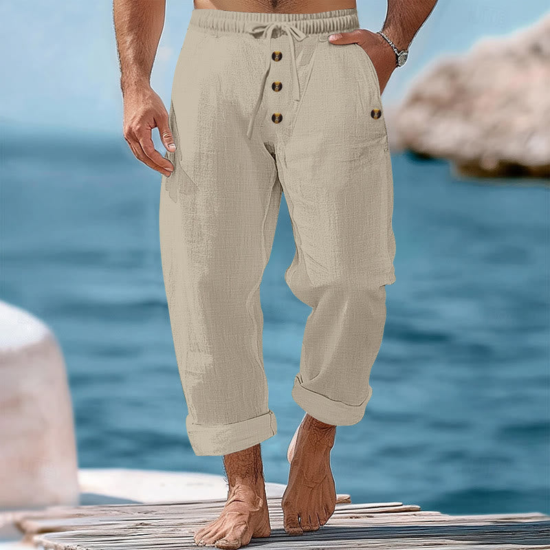Buddha Stones Solid Color Buttons Drawstring Men's Cotton Pants With Pockets - Beige - US/UK/AU46，EU56 (3XL) - image 33