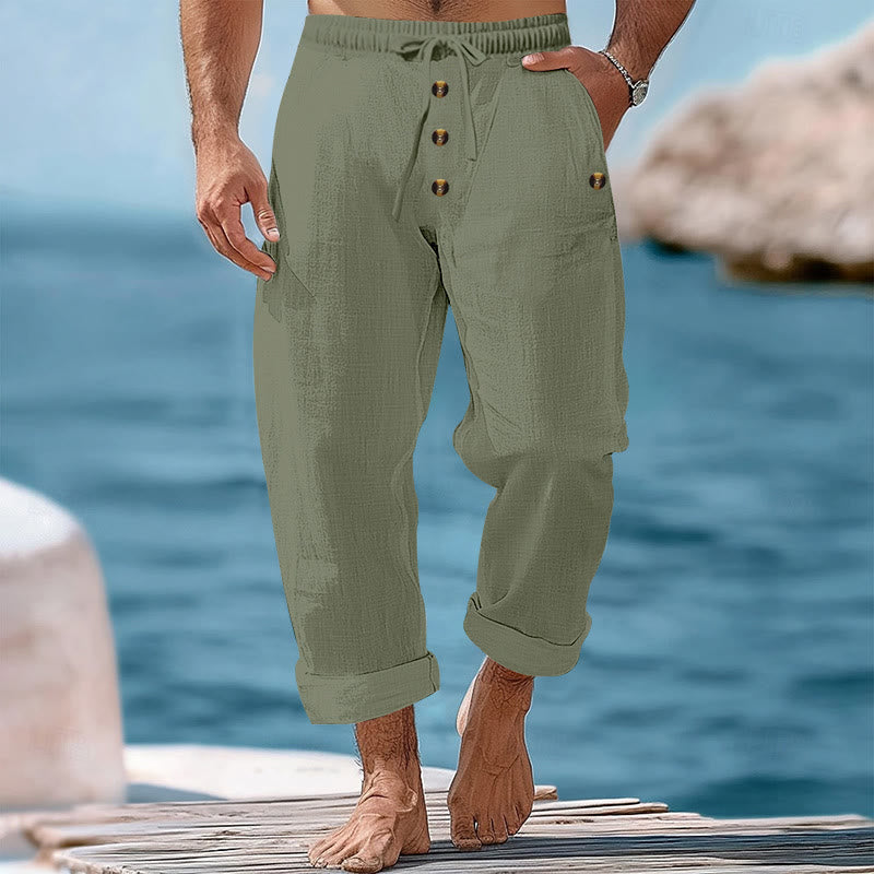 Buddha Stones Solid Color Buttons Drawstring Men's Cotton Pants With Pockets - DarkSeaGreen - US/UK/AU46，EU56 (3XL) - image 26