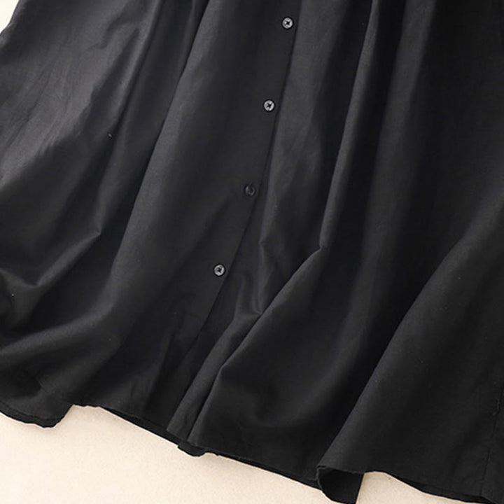 Buddha Stones Commute Pure Color Buttons Design Short Sleeve Cotton Linen Midi Dress With Pockets - image 11