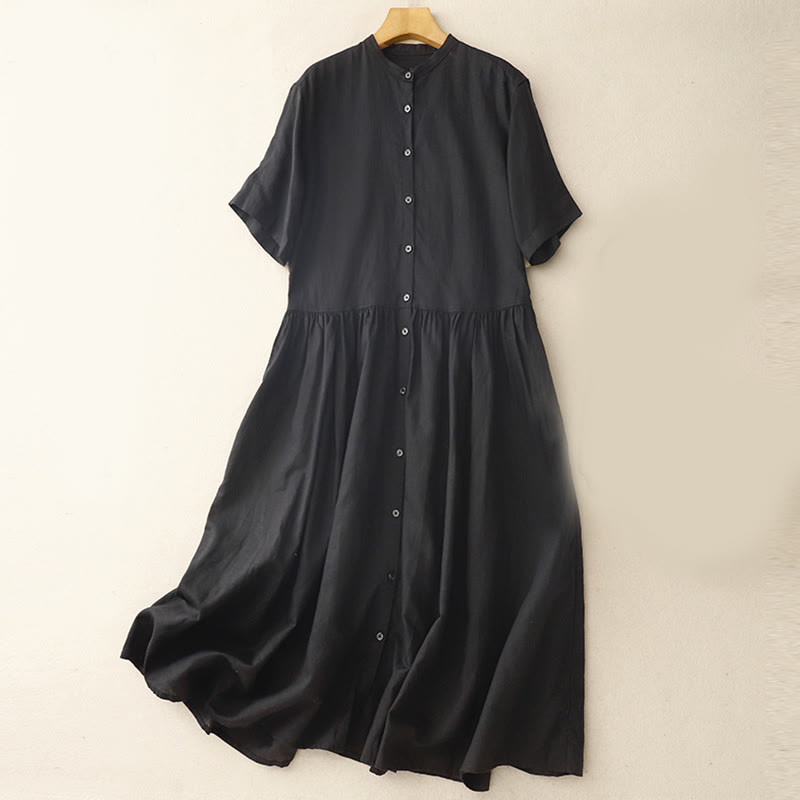 Buddha Stones Commute Pure Color Buttons Design Short Sleeve Cotton Linen Midi Dress With Pockets - Black - US8-10，UK/AU12-14，EU40-42 (2XL) - image 8