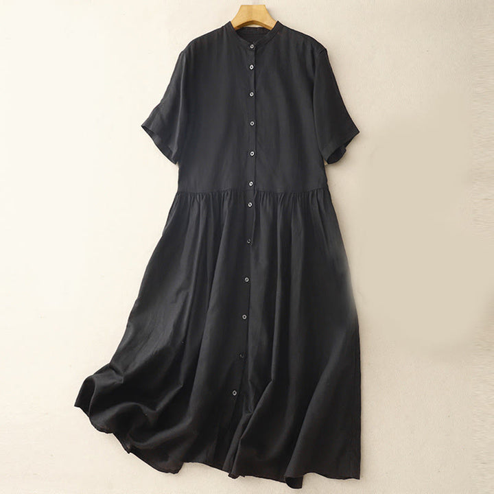 Buddha Stones Commute Pure Color Buttons Design Short Sleeve Cotton Linen Midi Dress With Pockets - Black - US8-10，UK/AU12-14，EU40-42 (2XL) - image 8