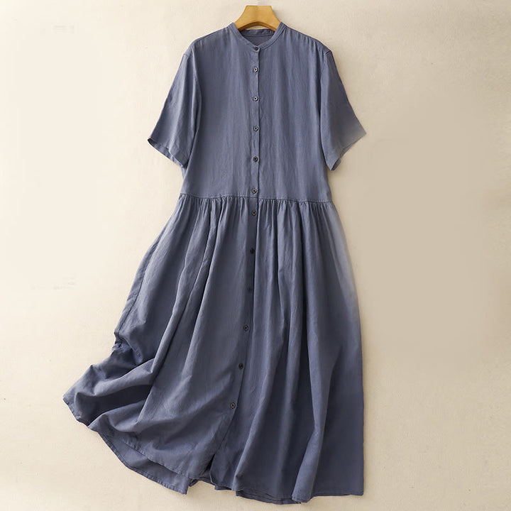 Buddha Stones Commute Pure Color Buttons Design Short Sleeve Cotton Linen Midi Dress With Pockets - LightSlateGray - US8-10，UK/AU12-14，EU40-42 (2XL) - image 0