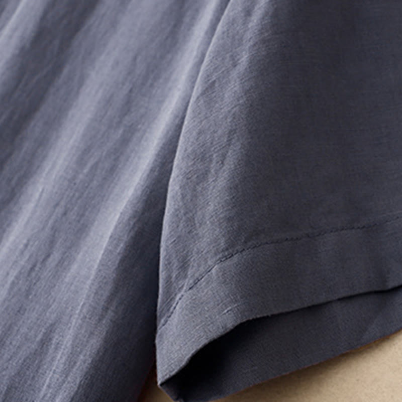 Buddha Stones Commute Pure Color Buttons Design Short Sleeve Cotton Linen Midi Dress With Pockets - image 5