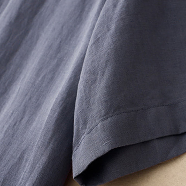 Buddha Stones Commute Pure Color Buttons Design Short Sleeve Cotton Linen Midi Dress With Pockets - image 5