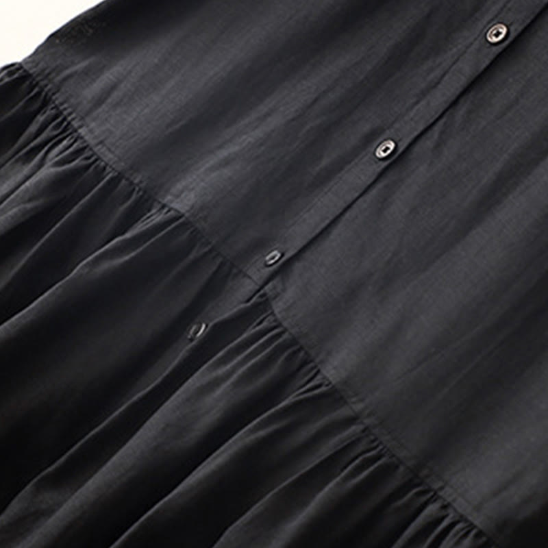 Buddha Stones Commute Pure Color Buttons Design Short Sleeve Cotton Linen Midi Dress With Pockets - image 10
