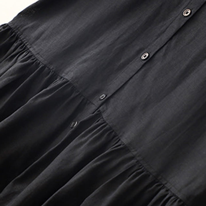 Buddha Stones Commute Pure Color Buttons Design Short Sleeve Cotton Linen Midi Dress With Pockets - image 10