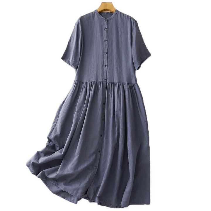 Buddha Stones Commute Pure Color Buttons Design Short Sleeve Cotton Linen Midi Dress With Pockets - image 7
