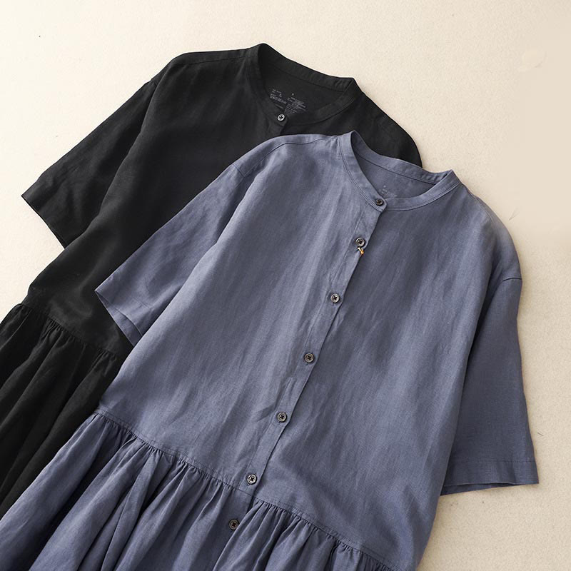 Buddha Stones Commute Pure Color Buttons Design Short Sleeve Cotton Linen Midi Dress With Pockets - image 15