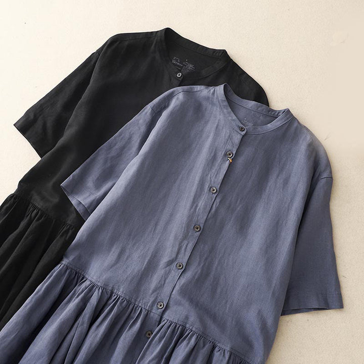 Buddha Stones Commute Pure Color Buttons Design Short Sleeve Cotton Linen Midi Dress With Pockets - image 15