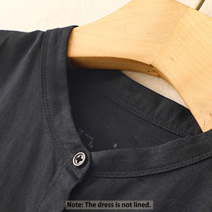 Buddha Stones Commute Pure Color Buttons Design Short Sleeve Cotton Linen Midi Dress With Pockets - image 9