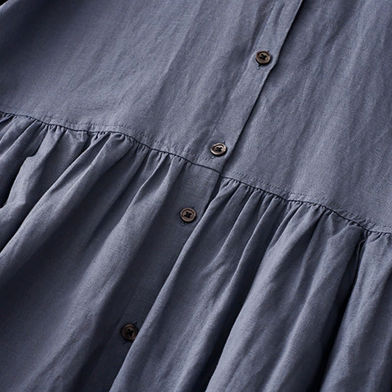 Buddha Stones Commute Pure Color Buttons Design Short Sleeve Cotton Linen Midi Dress With Pockets - image 3