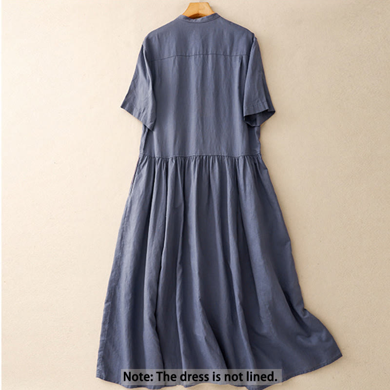 Buddha Stones Commute Pure Color Buttons Design Short Sleeve Cotton Linen Midi Dress With Pockets - image 1