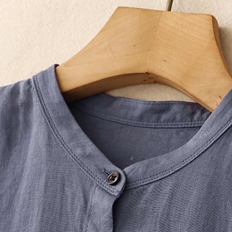 Buddha Stones Commute Pure Color Buttons Design Short Sleeve Cotton Linen Midi Dress With Pockets - image 2