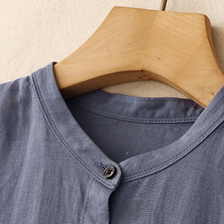 Buddha Stones Commute Pure Color Buttons Design Short Sleeve Cotton Linen Midi Dress With Pockets - image 2