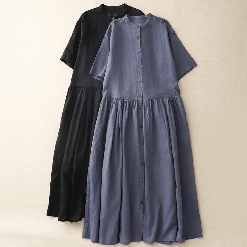 Buddha Stones Commute Pure Color Buttons Design Short Sleeve Cotton Linen Midi Dress With Pockets - image 14