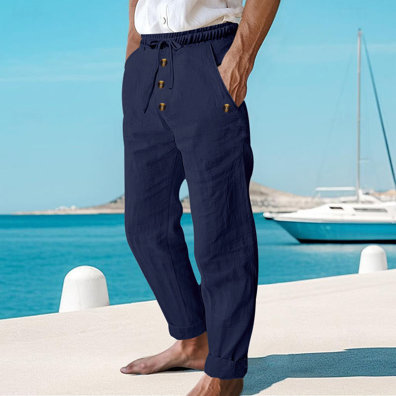 Buddha Stones Solid Color Buttons Drawstring Men's Cotton Pants With Pockets - image 1