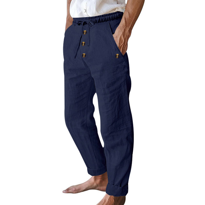 Buddha Stones Solid Color Buttons Drawstring Men's Cotton Pants With Pockets - image 3